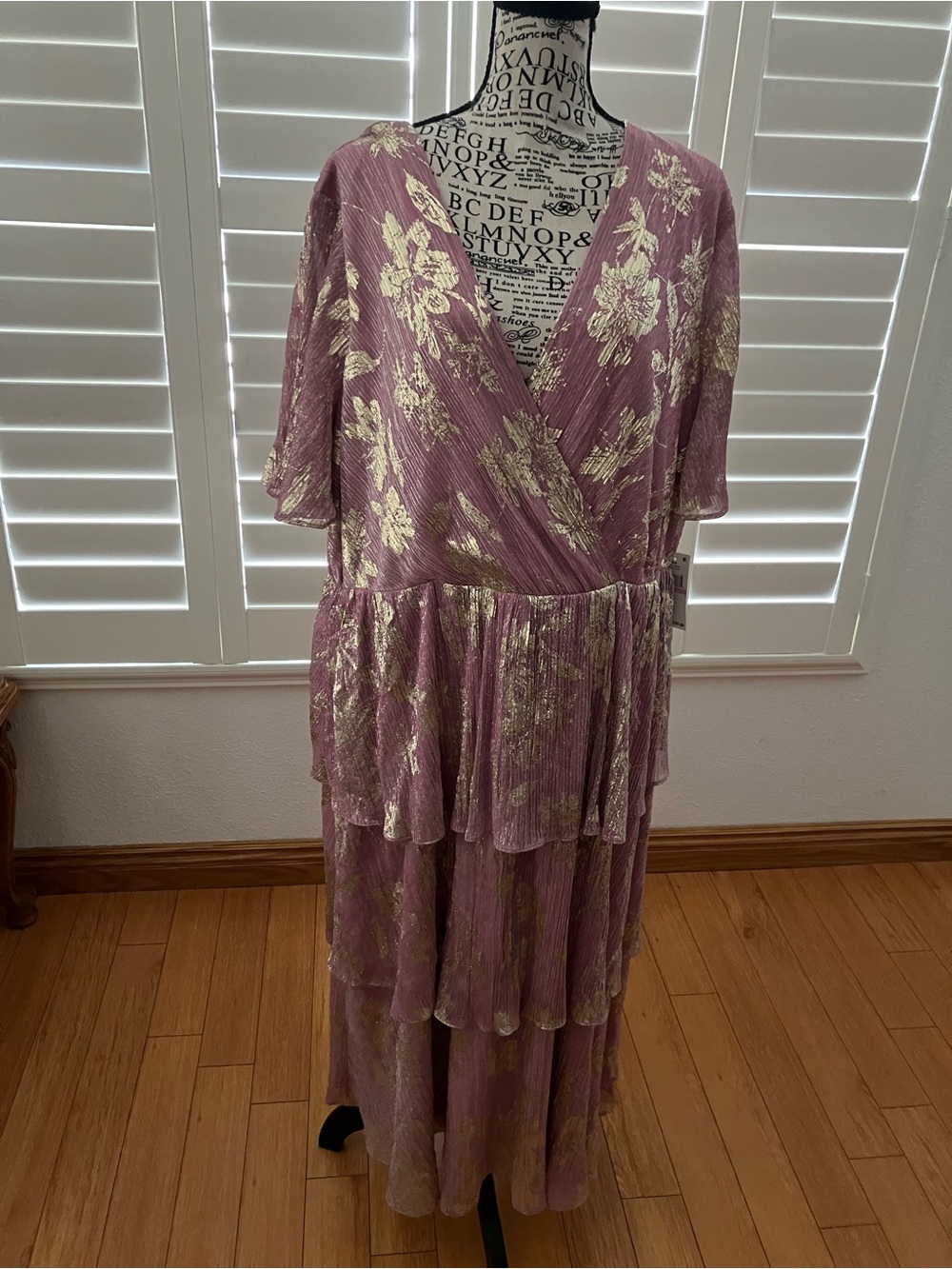 SLNY Rose Pink Metallic Floral Tiered Maxi Mother of Bride Dress, SIZE 22, NEW